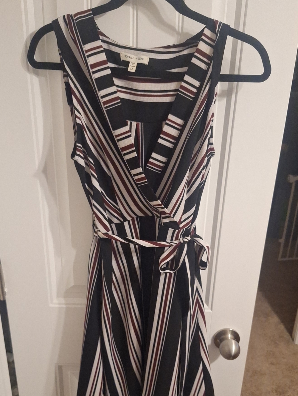 Navy White and Burgundy Striped Sleeveless Midi Wrap Dress